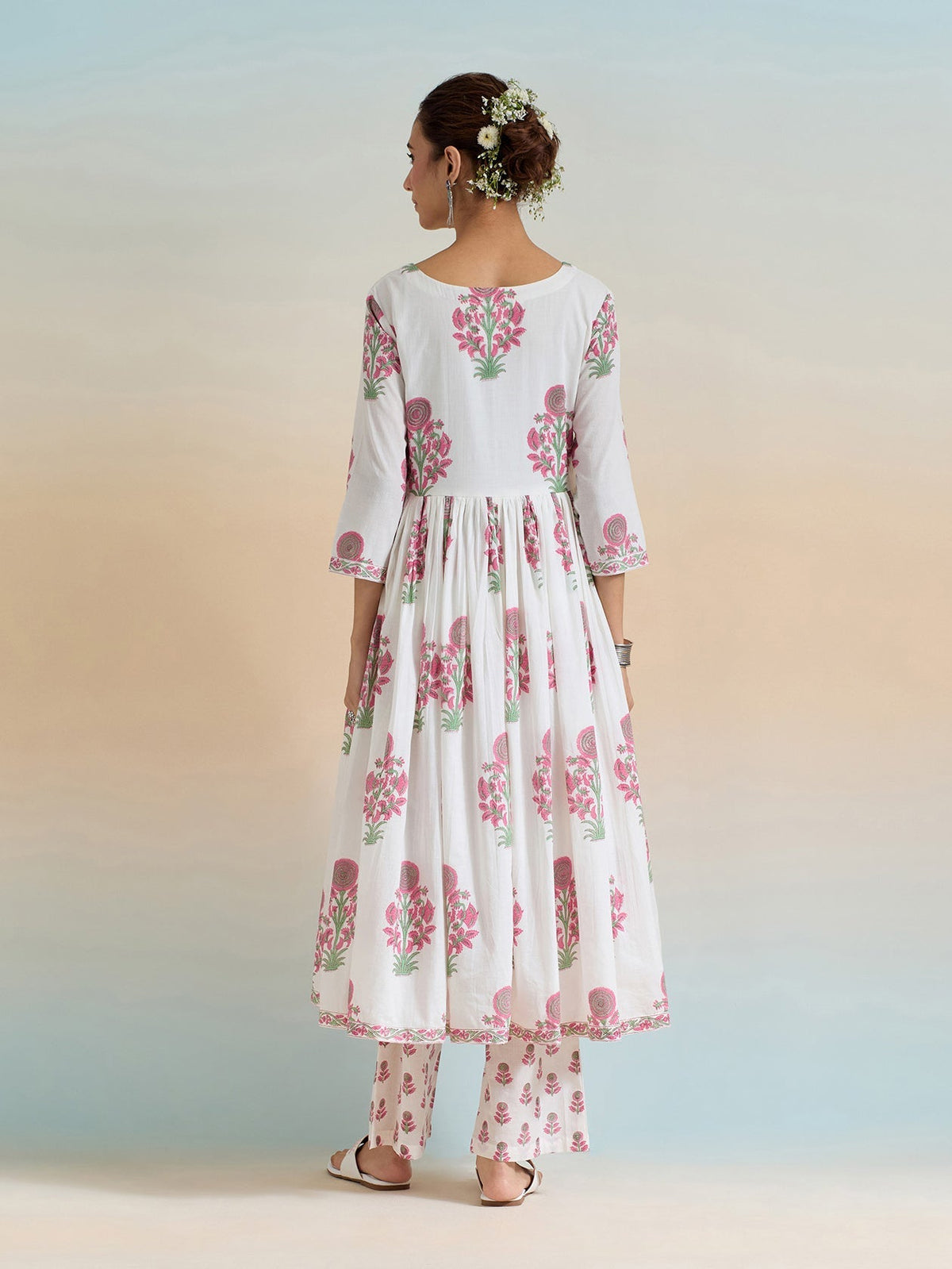Floral Block Printed Cotton Kurta With Pants & Dupatta