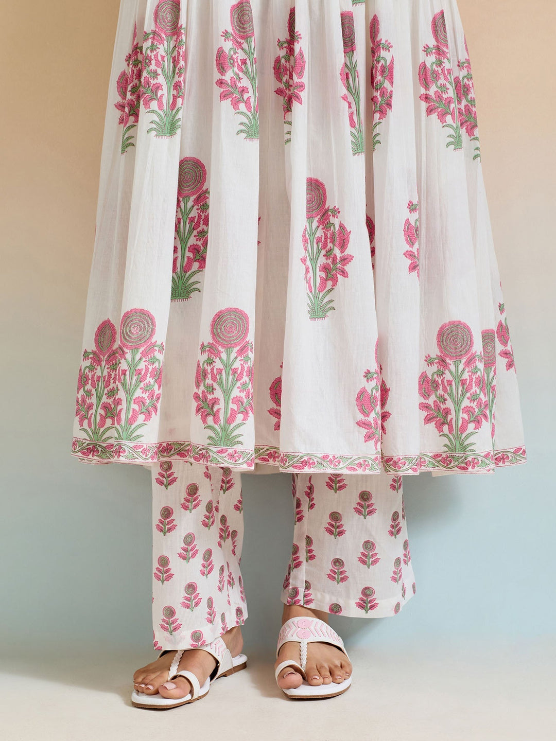 Floral Block Printed Cotton Kurta With Pants &amp; Dupatta