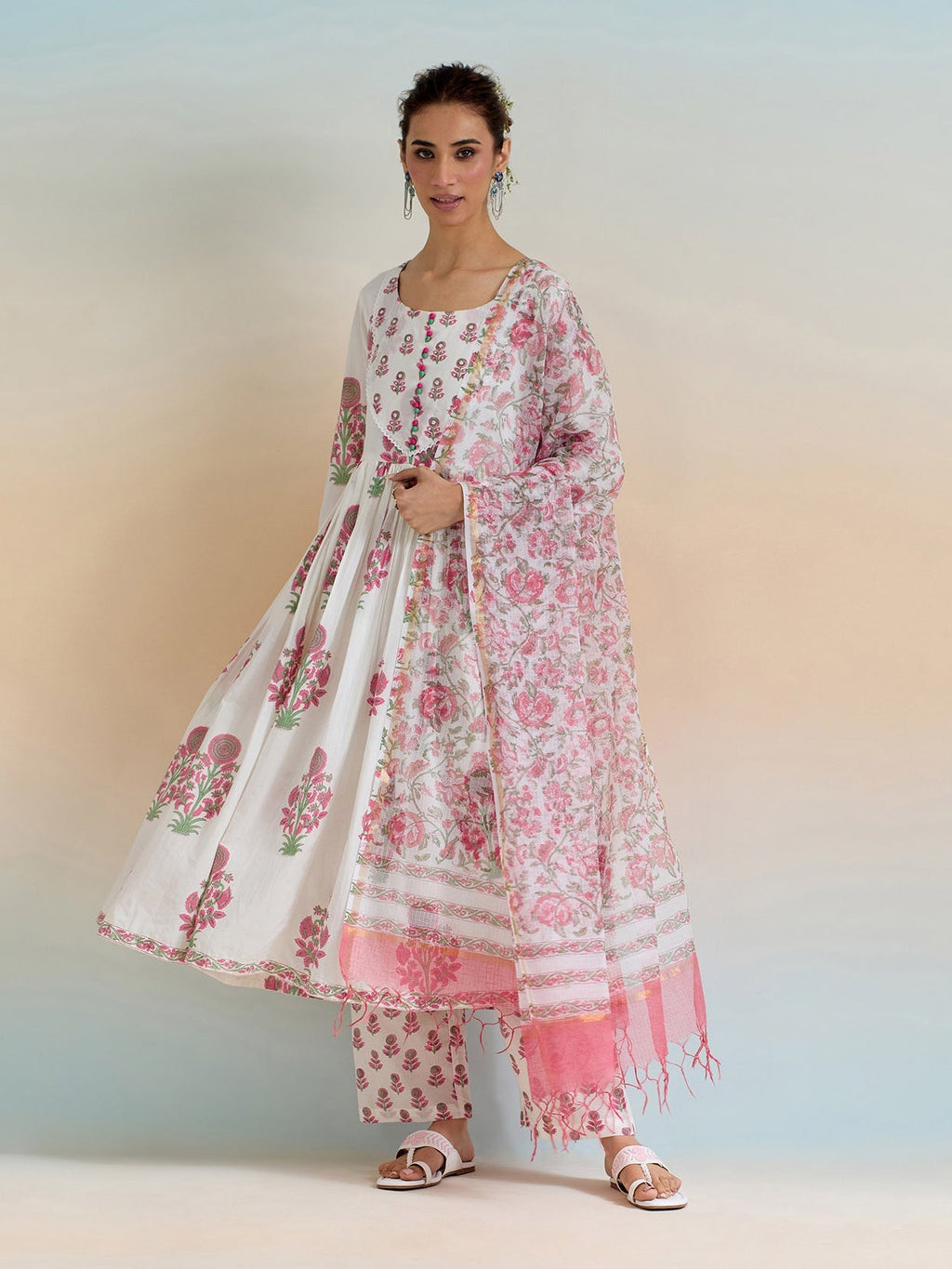 Floral Block Printed Cotton Kurta With Pants & Dupatta