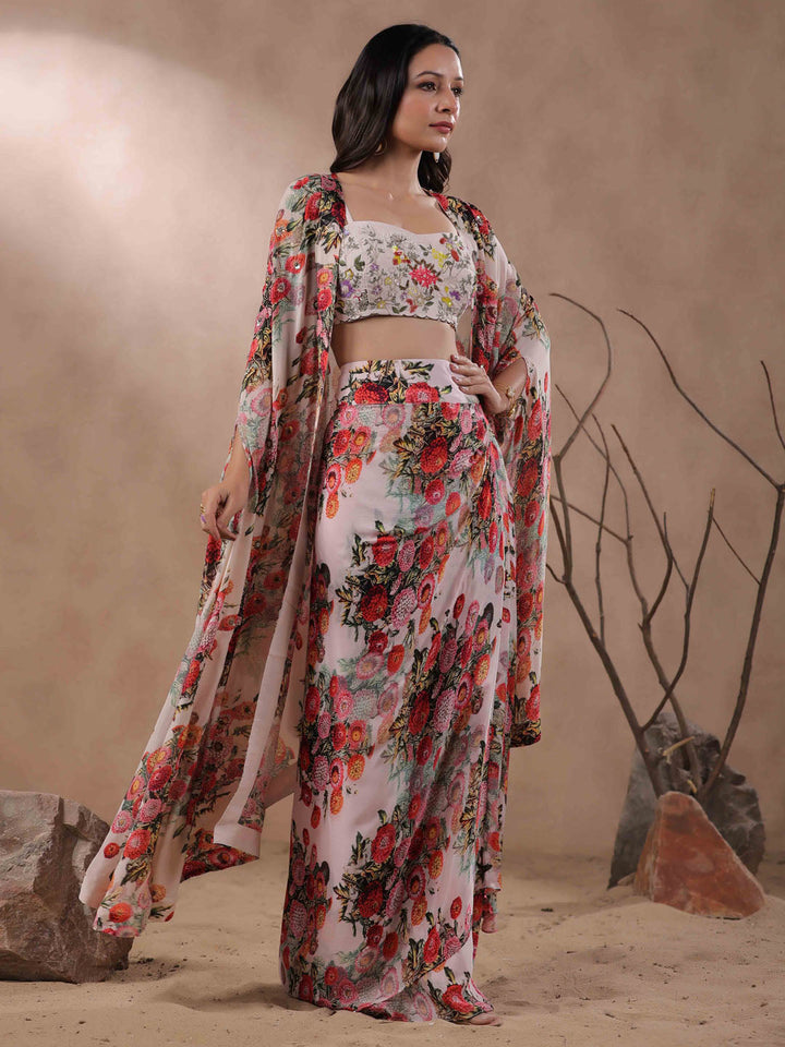 Floral Printed Crepe Crop Top With Wrap Skirt And Jacket