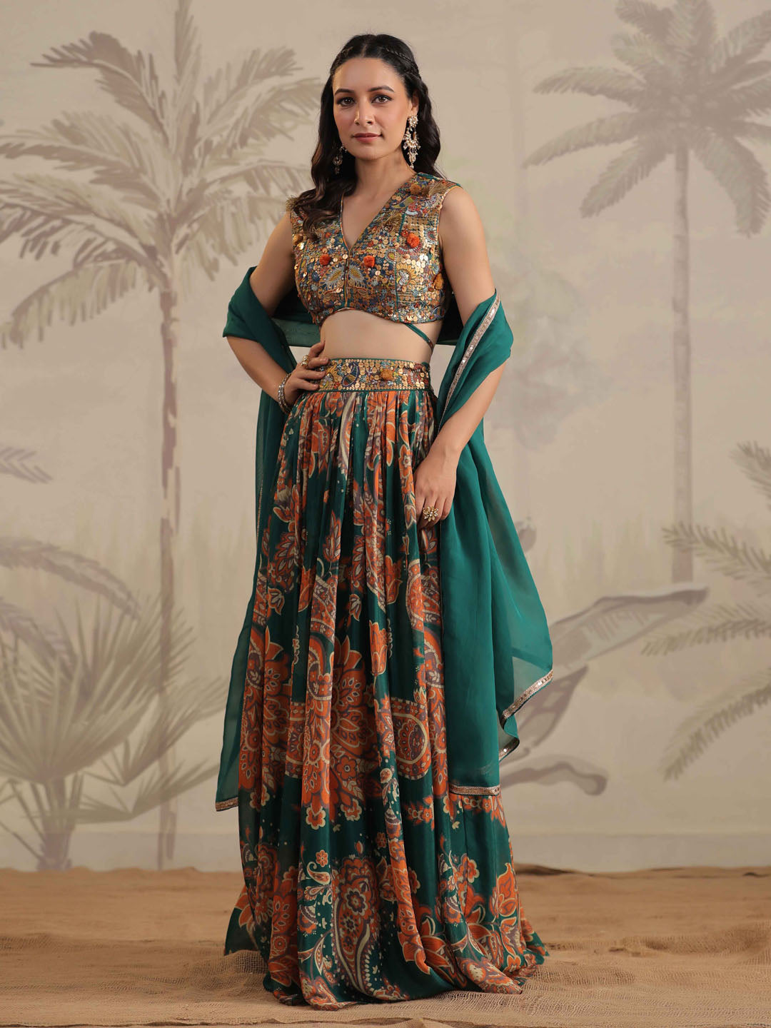 Floral Printed &amp; Sequin Embroidered Crepe Choli With Lehenga &amp; Dupatta
