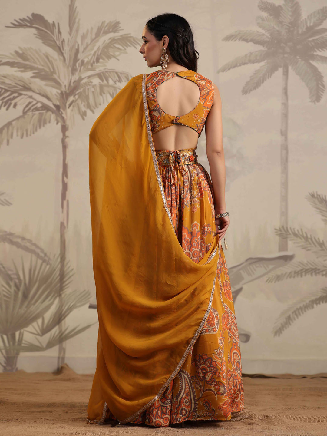 Floral Printed &amp; Sequin Embroidered Crepe Choli With Lehenga &amp; Dupatta
