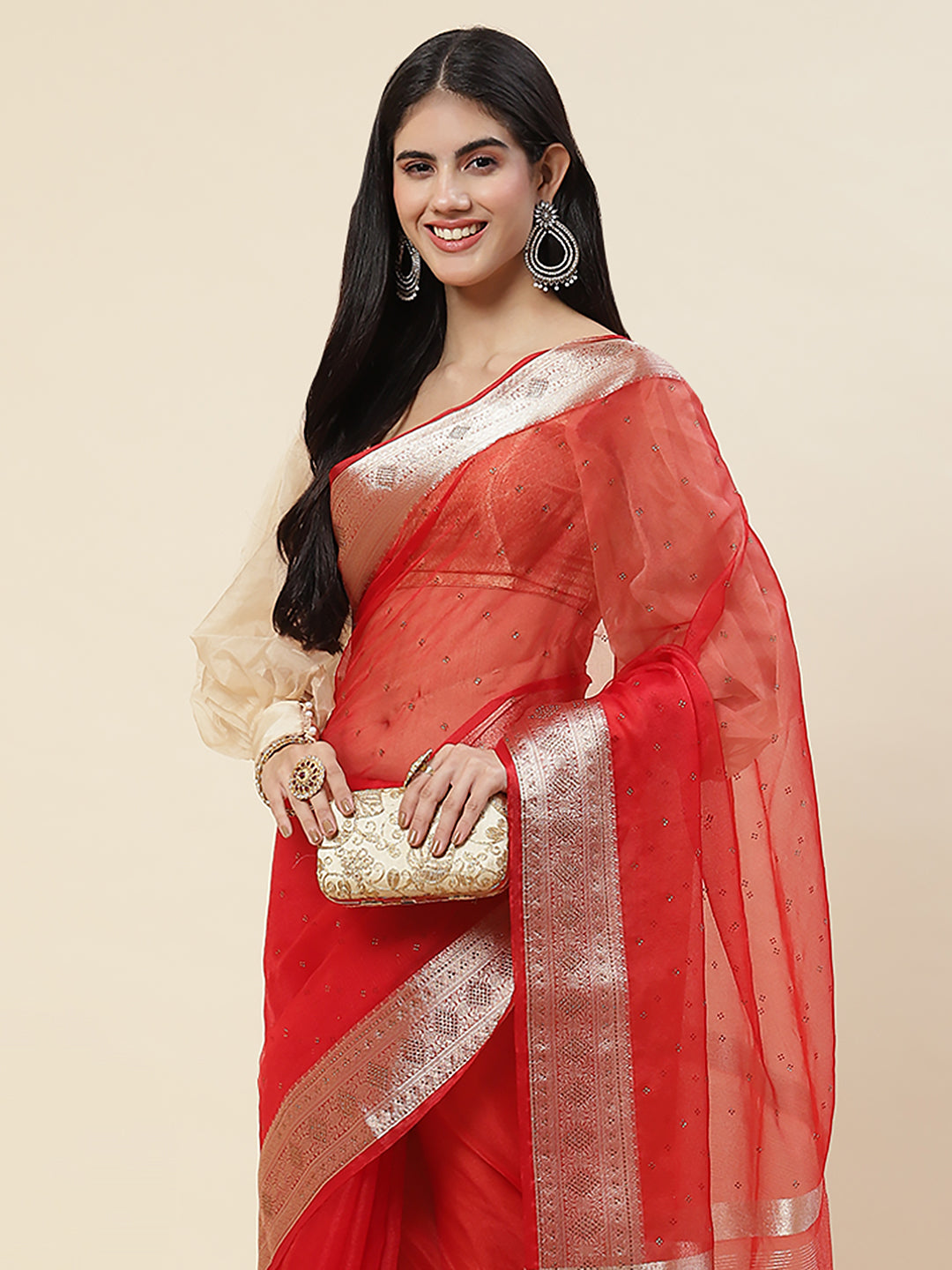 Stone Work Plain Organza Saree