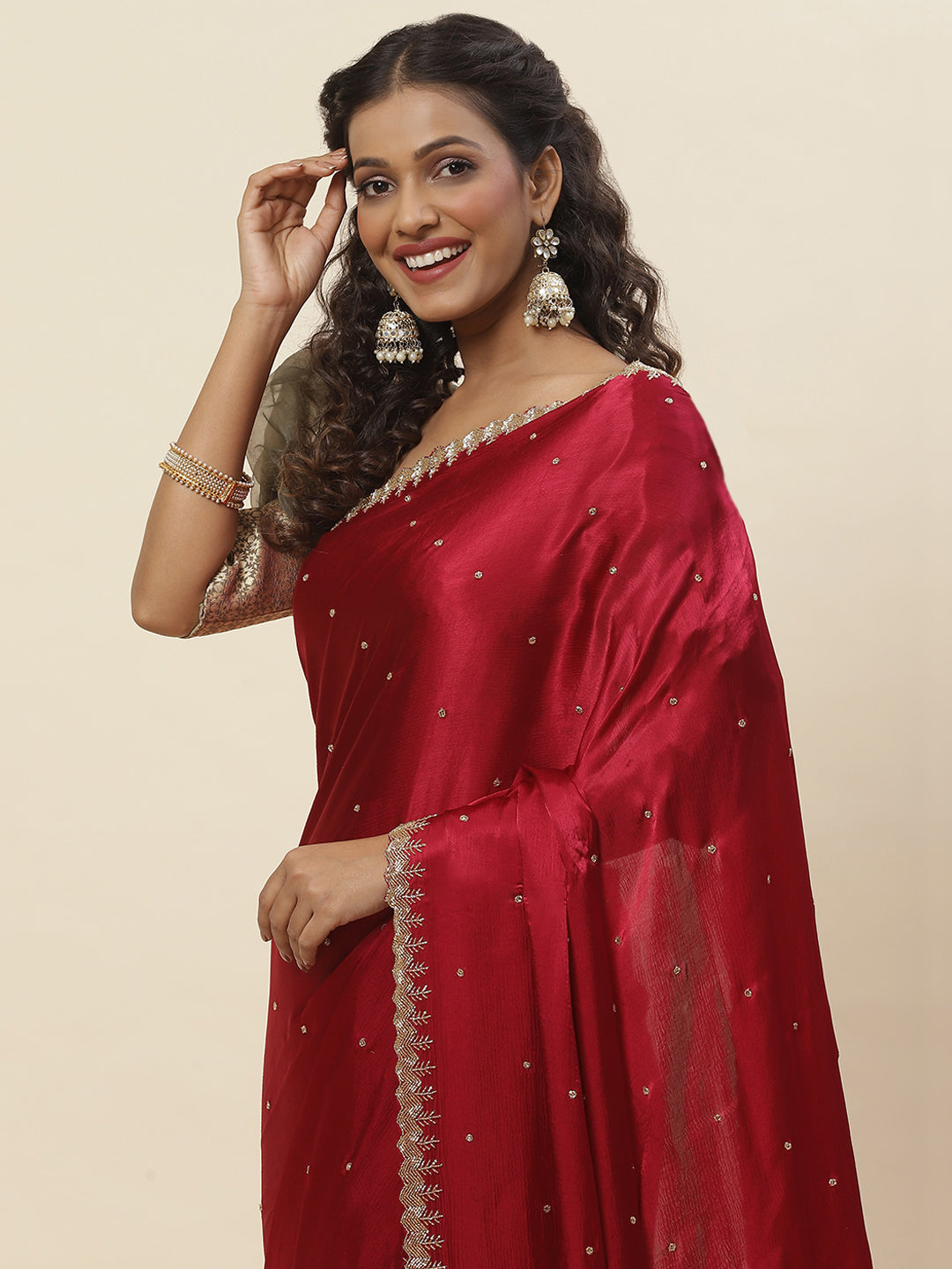 Cutdana Embroidered Chinnon Saree