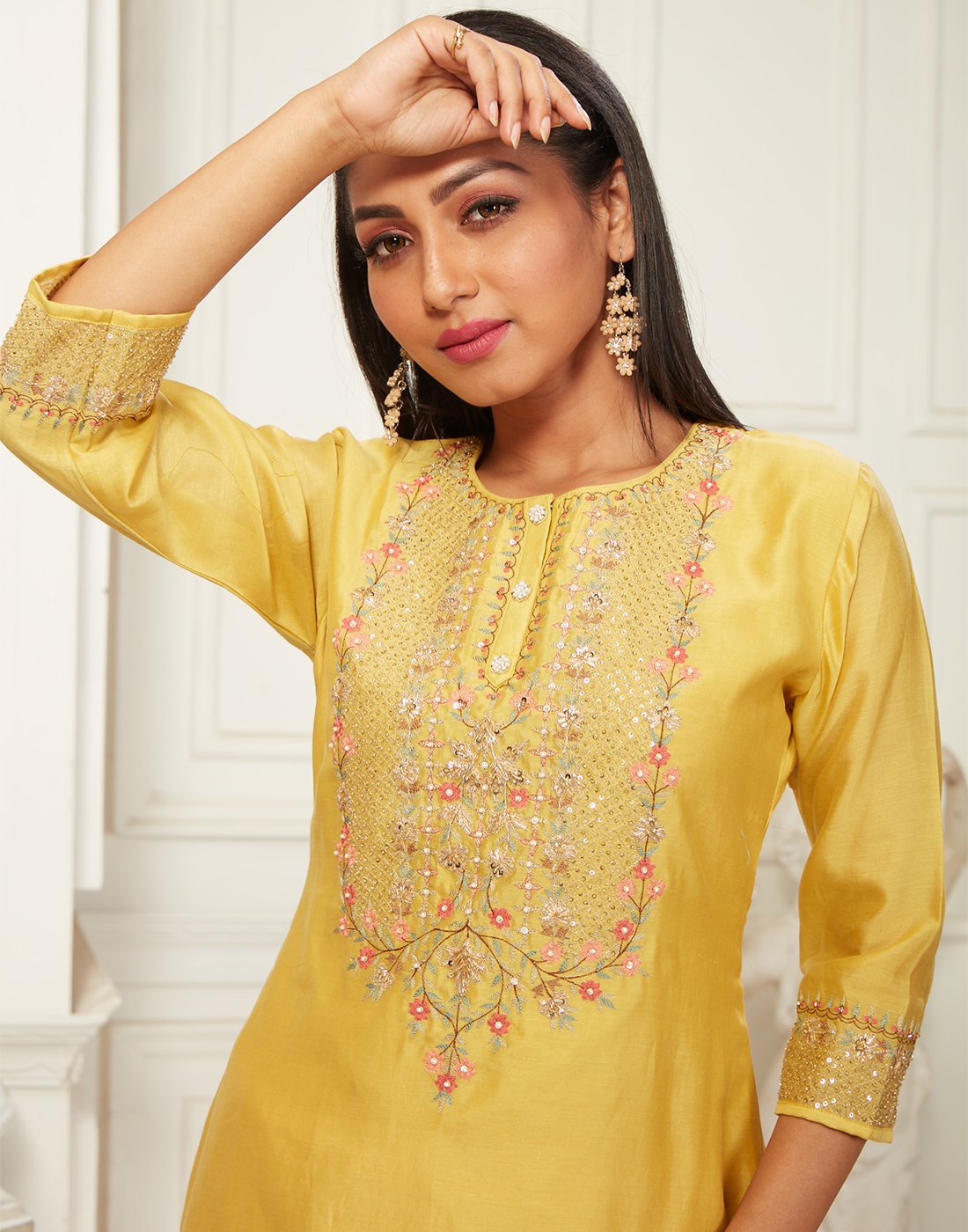 MBZ Meena Bazaar-Mustard Cotton Chanderi Kurti