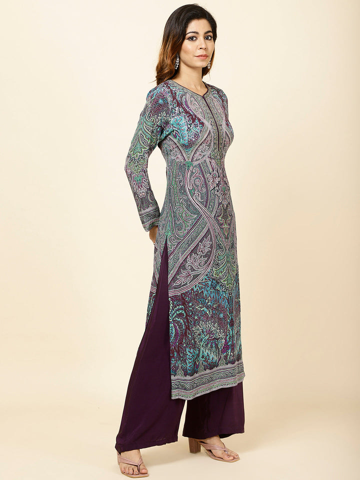 Digital Printed Crepe Kurta With Palazzo &amp; Dupatta