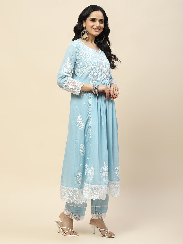 Neck Embroidery Cotton Anarkali With Pants &amp; Dupatta