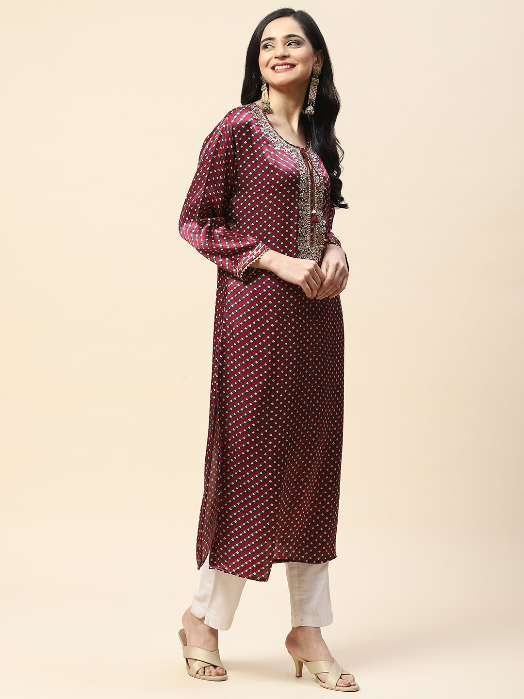 Printed With Yoke Embroidered Satin Kurta