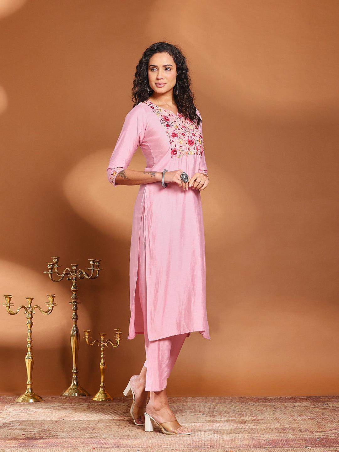 Pink Cotton Blend Embroidered A Line Suit Set