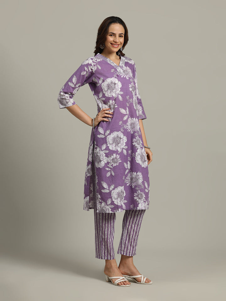 Floral Parinted Cotton Blend Kurta With Pants &amp; Dupatta