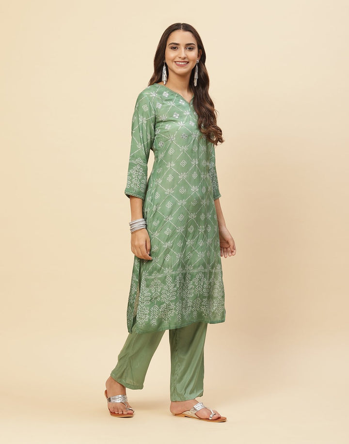 Mirror Work Printed Cotton Muslin Kurti With Pant