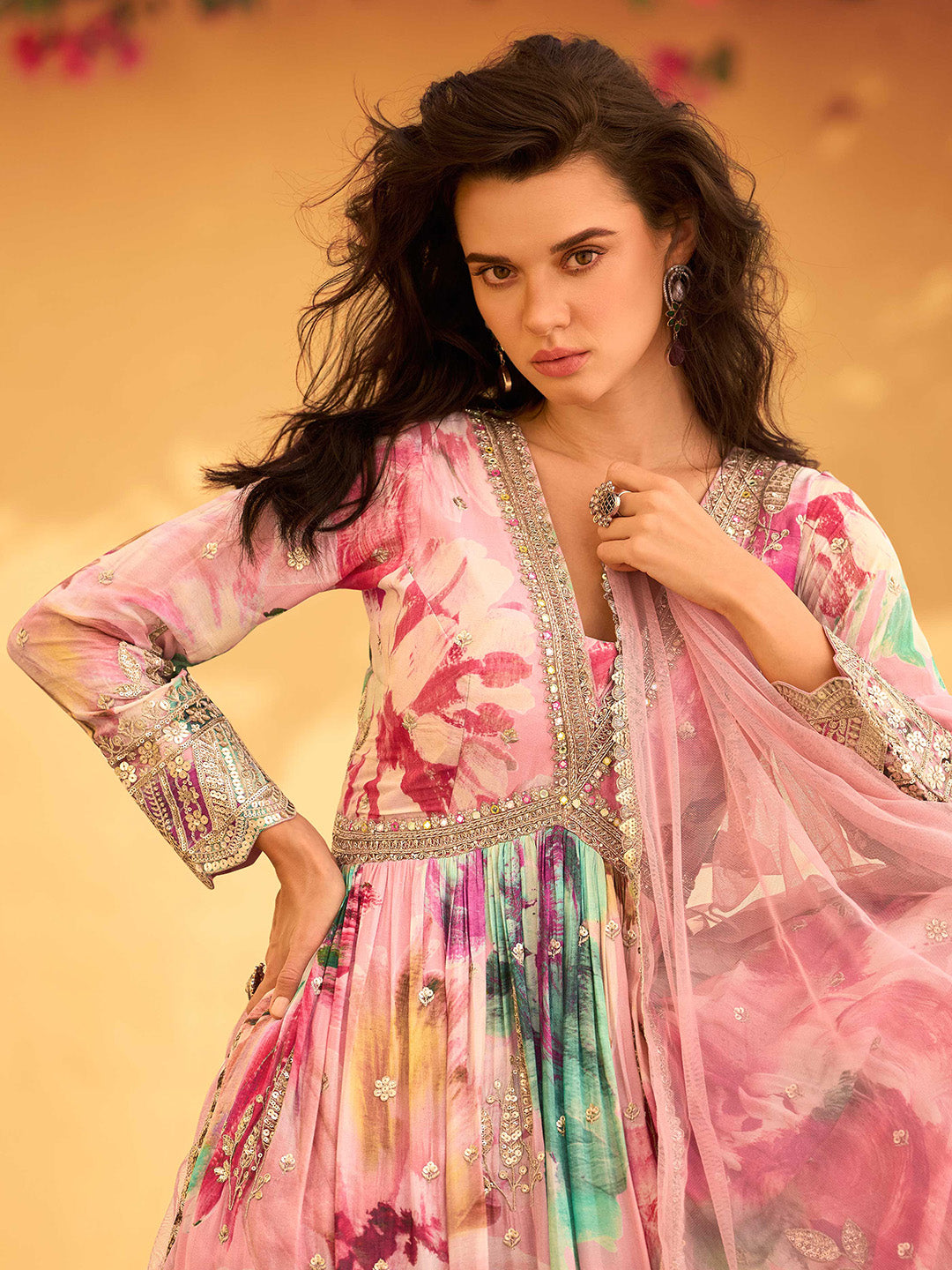 Printed &amp; Embroidered Chinon Gown With Dupatta