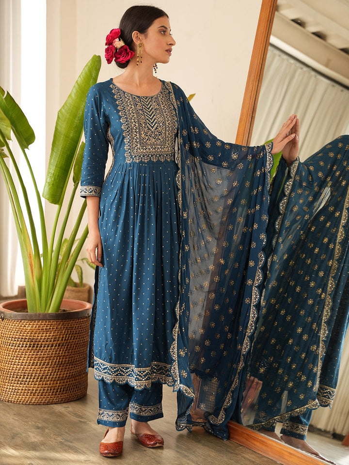Sequin Embroidered Cotton Kurta With Pants &amp; Dupatta