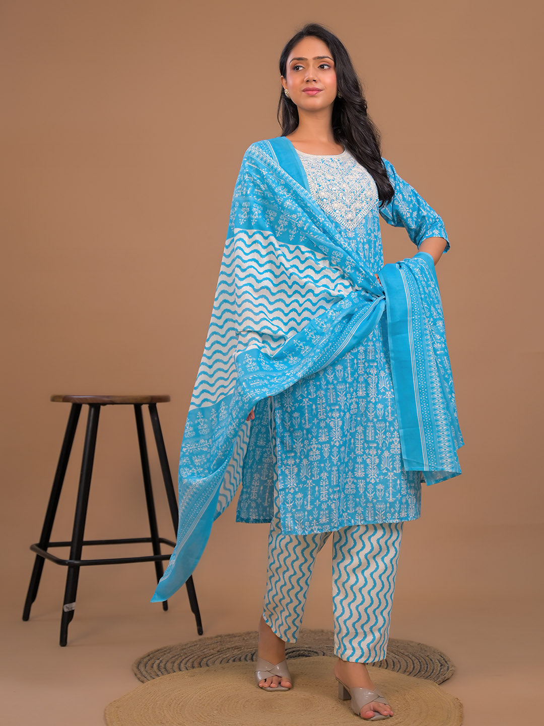 Printed Cotton Blend Kurta With Pants &amp; Dupatta