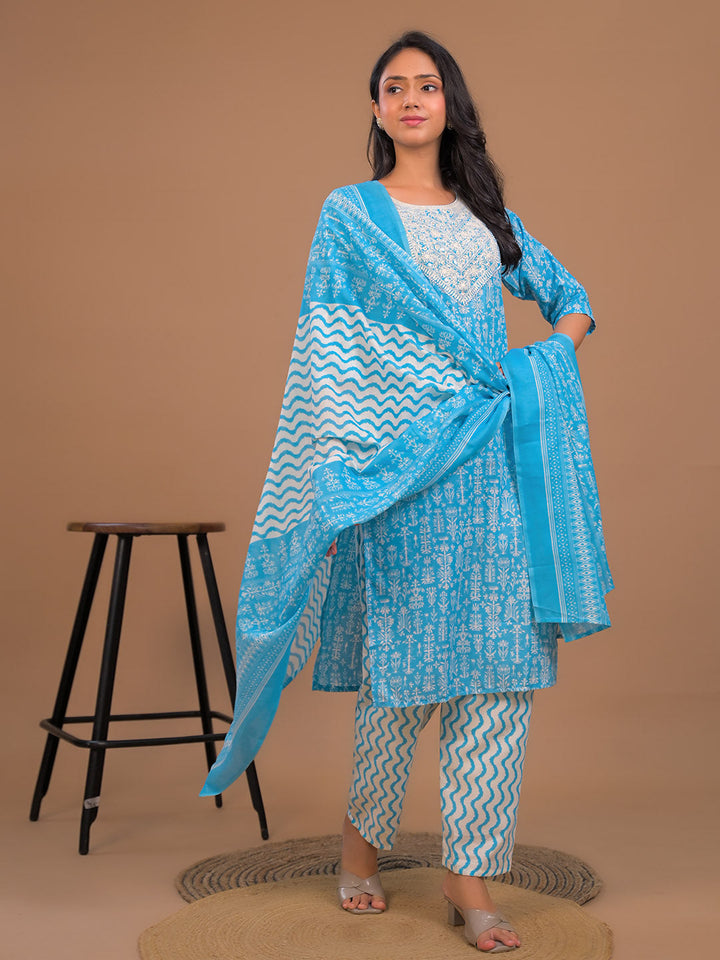 Printed Cotton Blend Kurta With Pants &amp; Dupatta