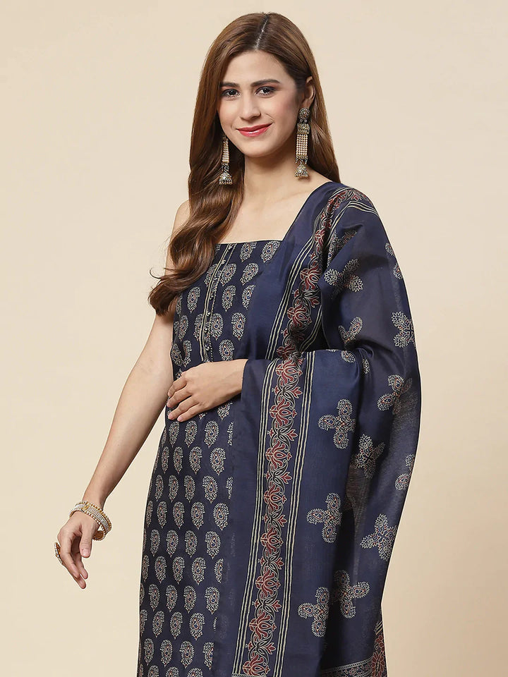 Indigo Printed Chanderi Unstitched Suit Piece With Dupatta