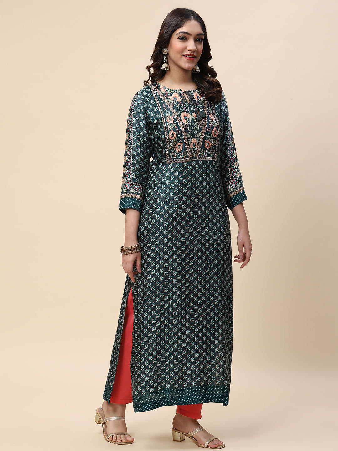 Zari Neck Embroidered &amp; Printed Satin Kurta