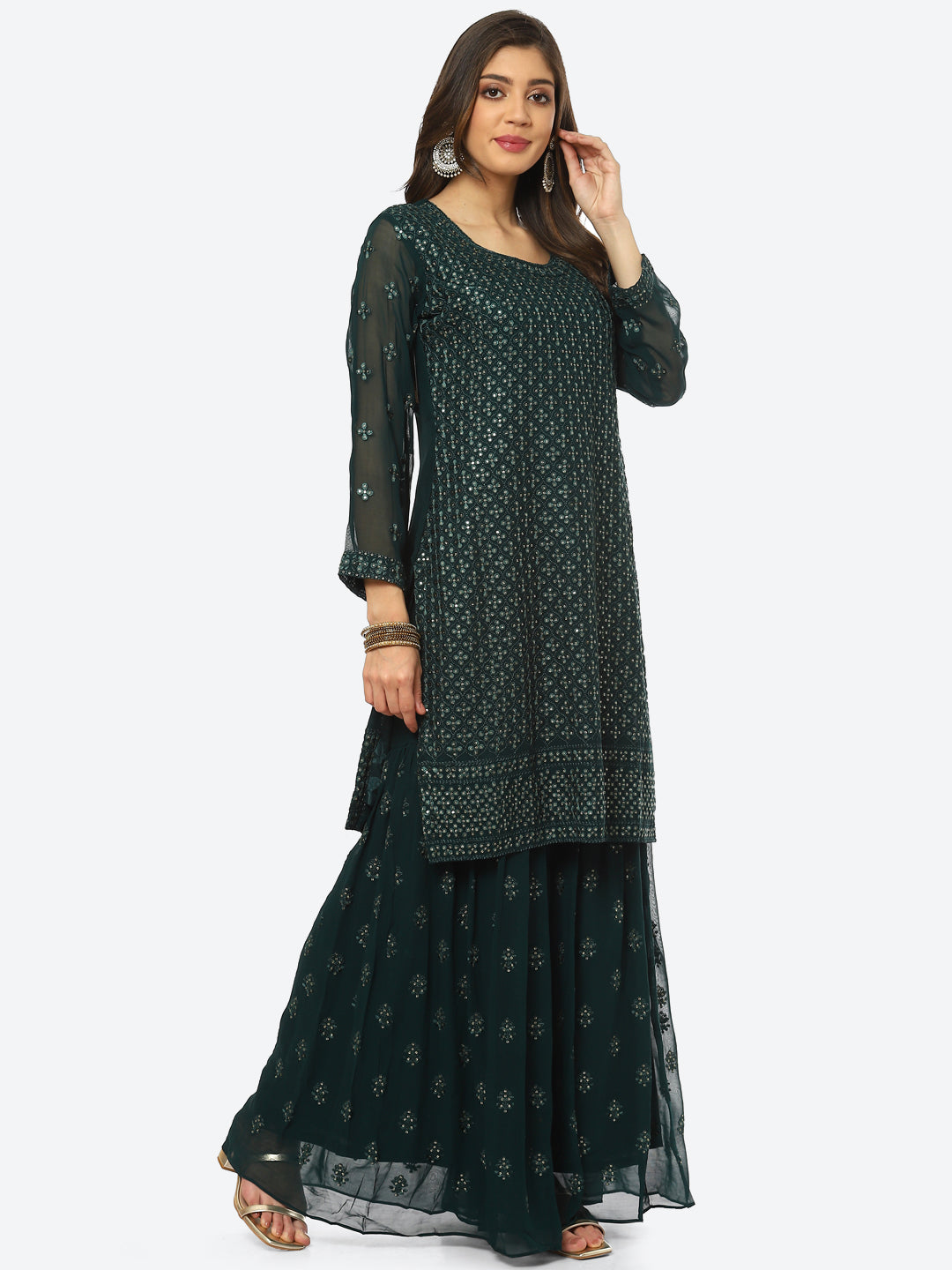 Resham Sequin Booti Georgette kurti With Garara &amp; Dupatta