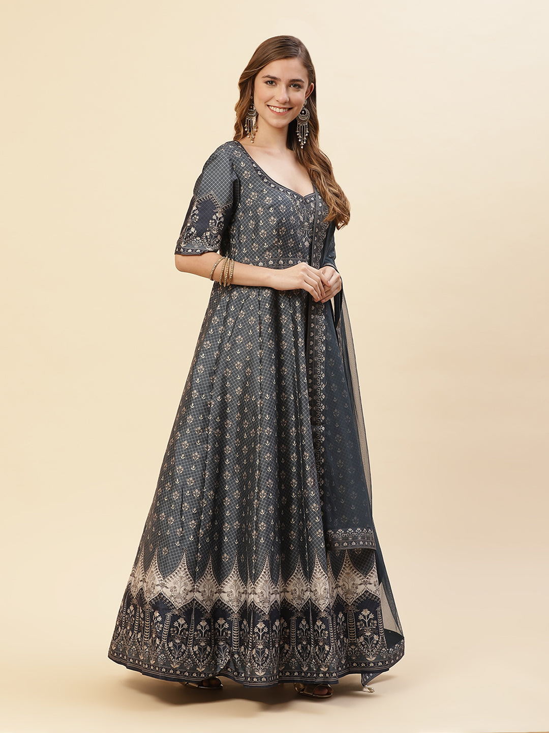Digital Printed Art Tussar Anarkali Kurti With Chudidar And Net Dupatta