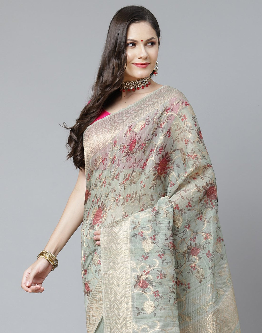 Floral Print  With Zari Border Linen Saree