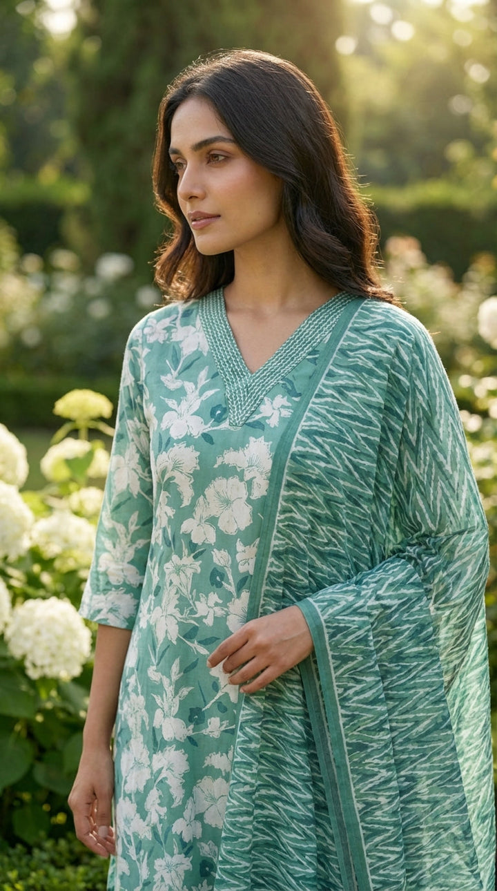 Printed Cotton Blend Kurta With Pant &amp; Dupatta