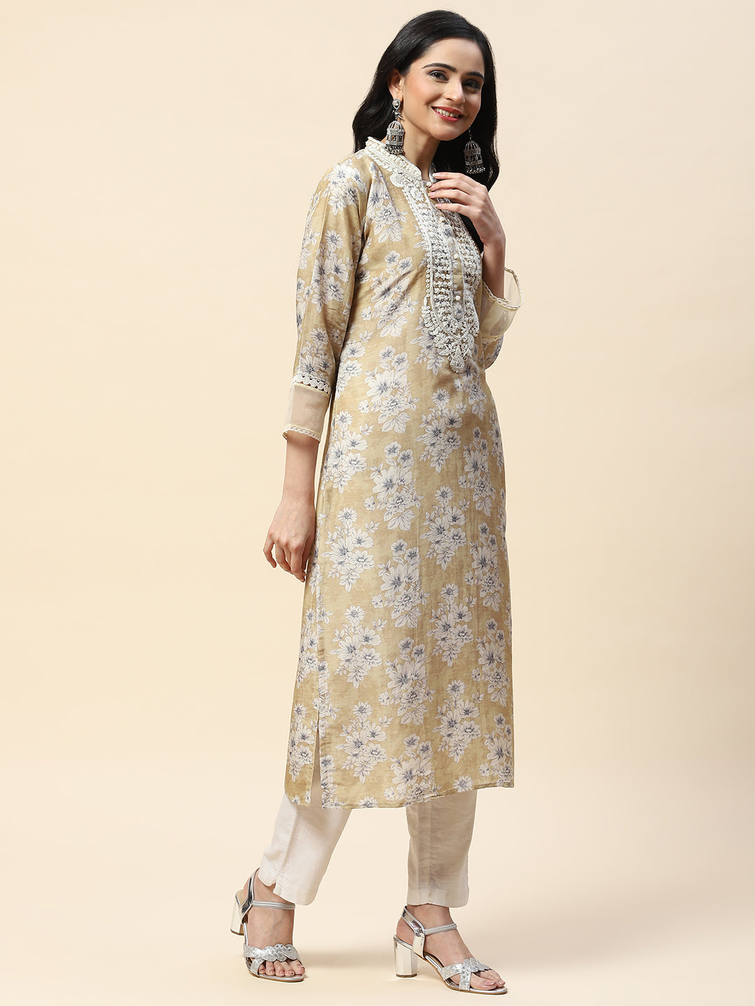 Printed With Resham Neck Embroidered Cotton Kurta