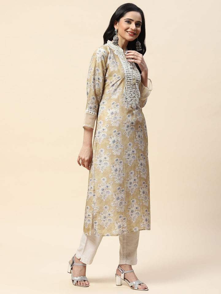 Printed With Resham Neck Embroidered Cotton Kurta