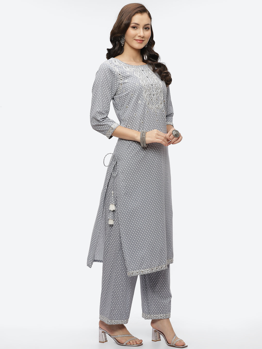 Mirror Neck Embroidered Cotton Kurta With Palazzo