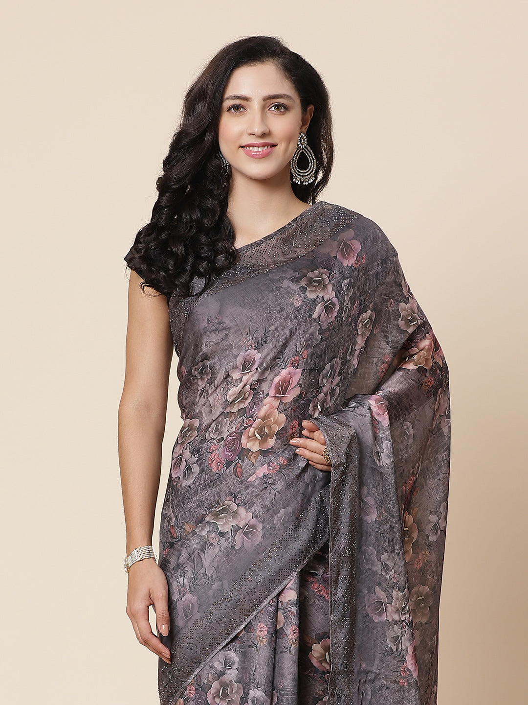 Digital Floral Printed Stone Work Satin Saree