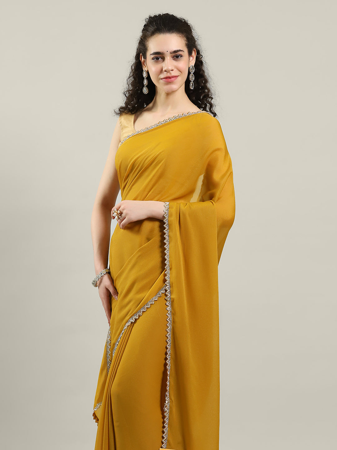 Plain Lace Border Georgette Saree