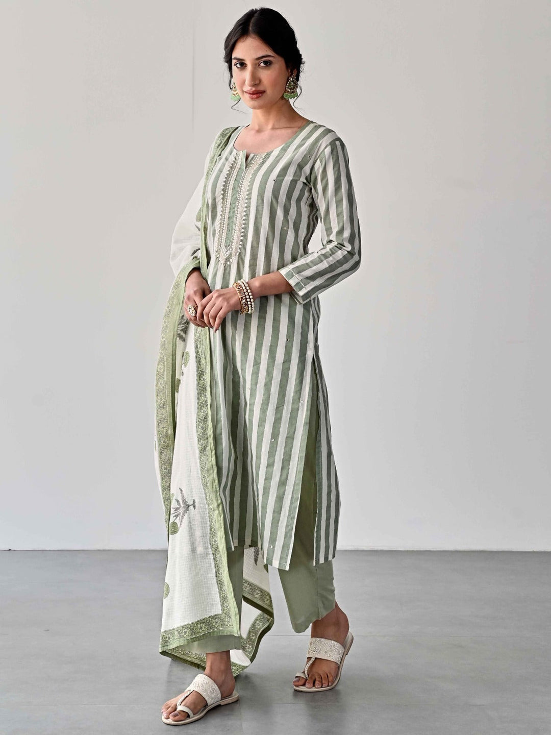 Printed Cotton Kurta With Pants &amp; Dupatta