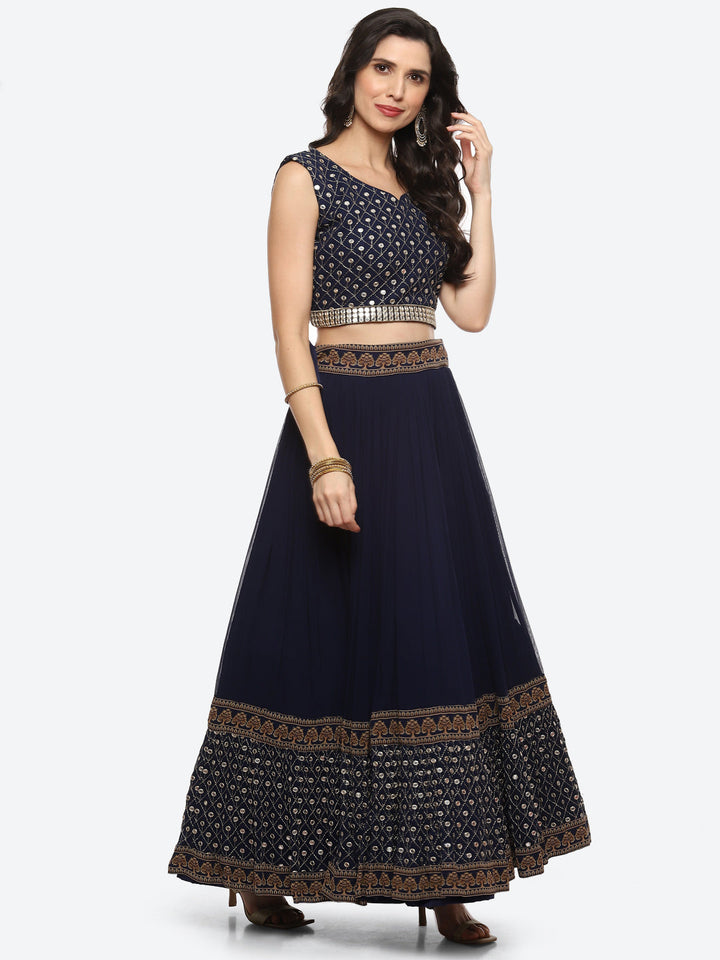 Resham Embroidered Georgette Choli Jacket With Lehenga &amp; Dupatta