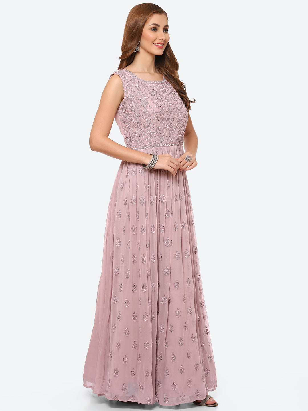 Resham Booti Georgette Anarkali Kurta With Churidar &amp; Net Dupatta