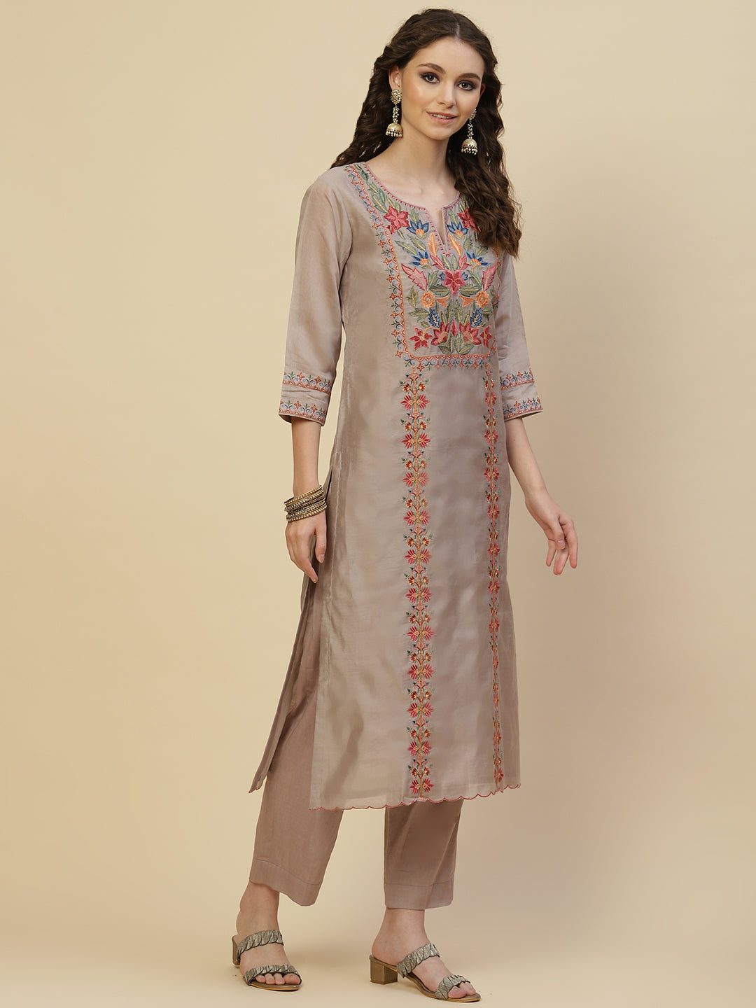 Floral Resham Booti Cotton Kurta With Pants &amp; Dupatta