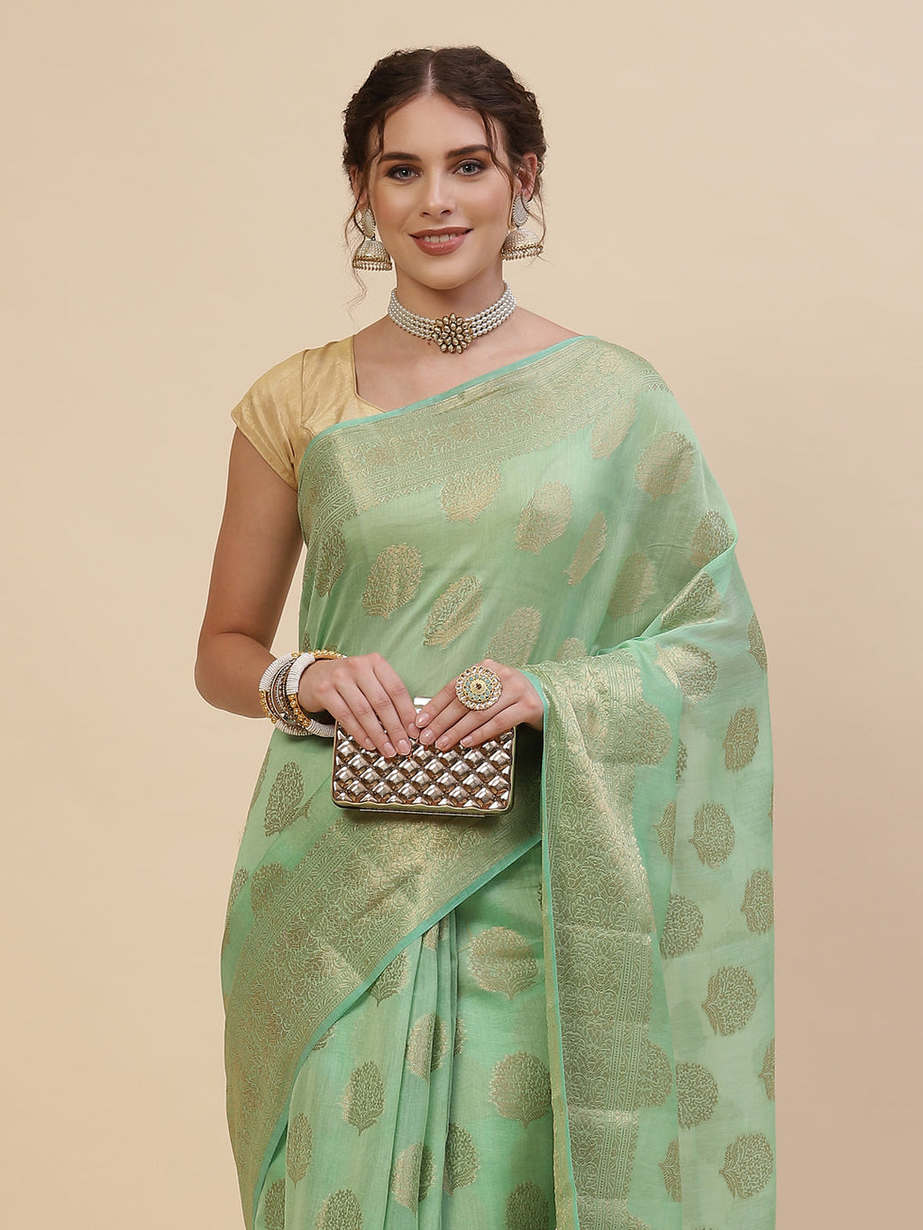 Zari Border Booti Cotton Woven Saree