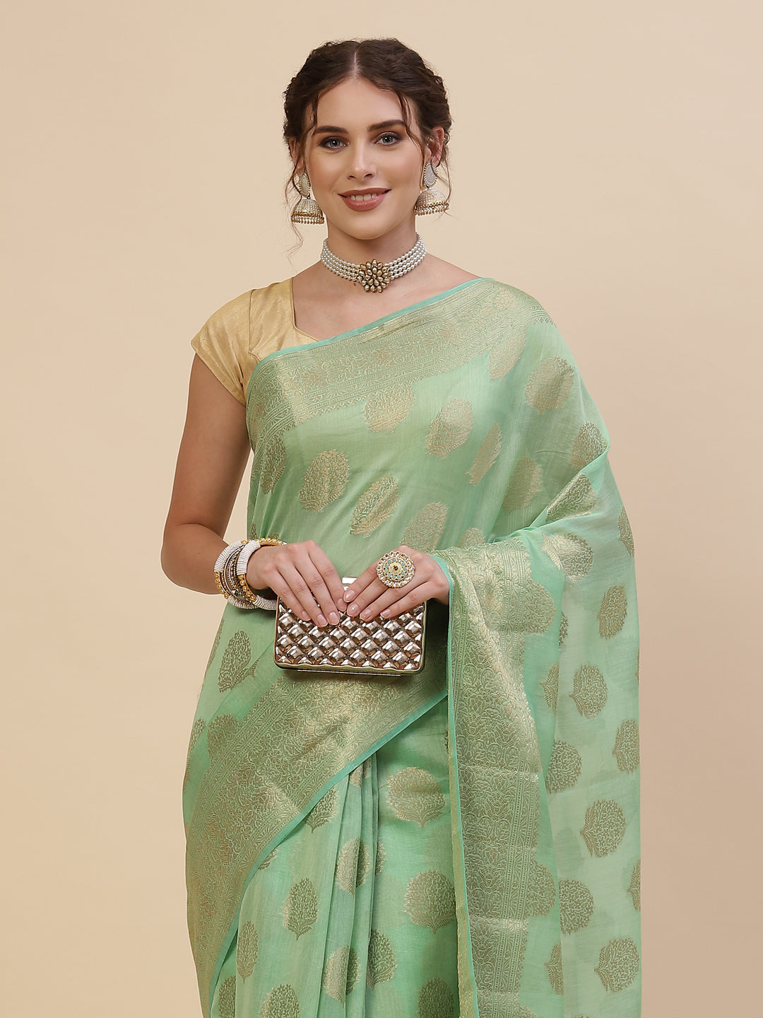 Zari Border Booti Cotton Woven Saree