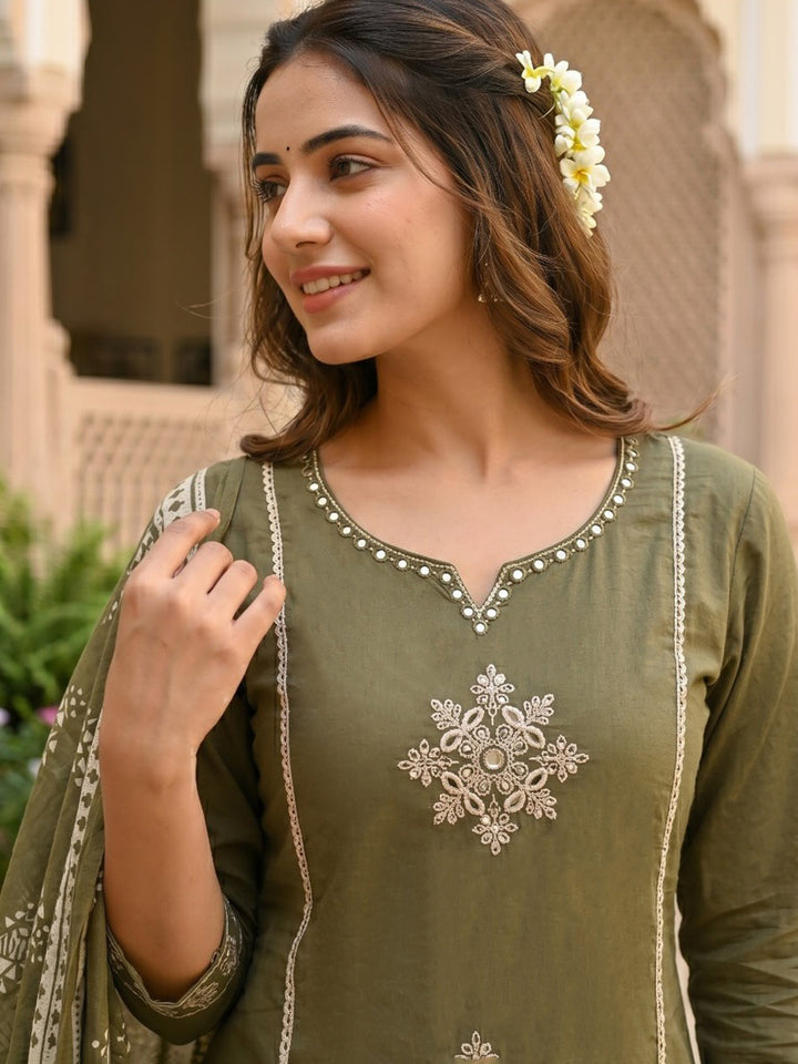 Neck Embroidered Cotton Blend Kurta With Pant &amp; Dupatta