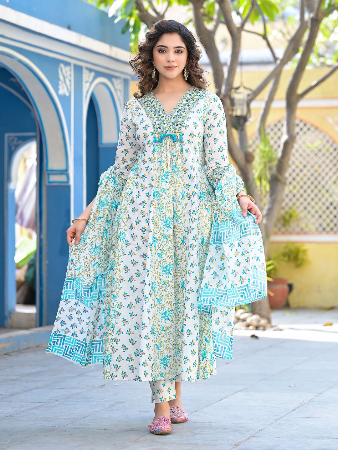 Printed Cotton Kurta With Pants &amp; Dupatta