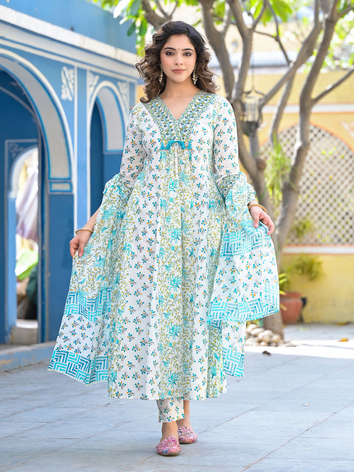 Printed Cotton Kurta With Pants &amp; Dupatta