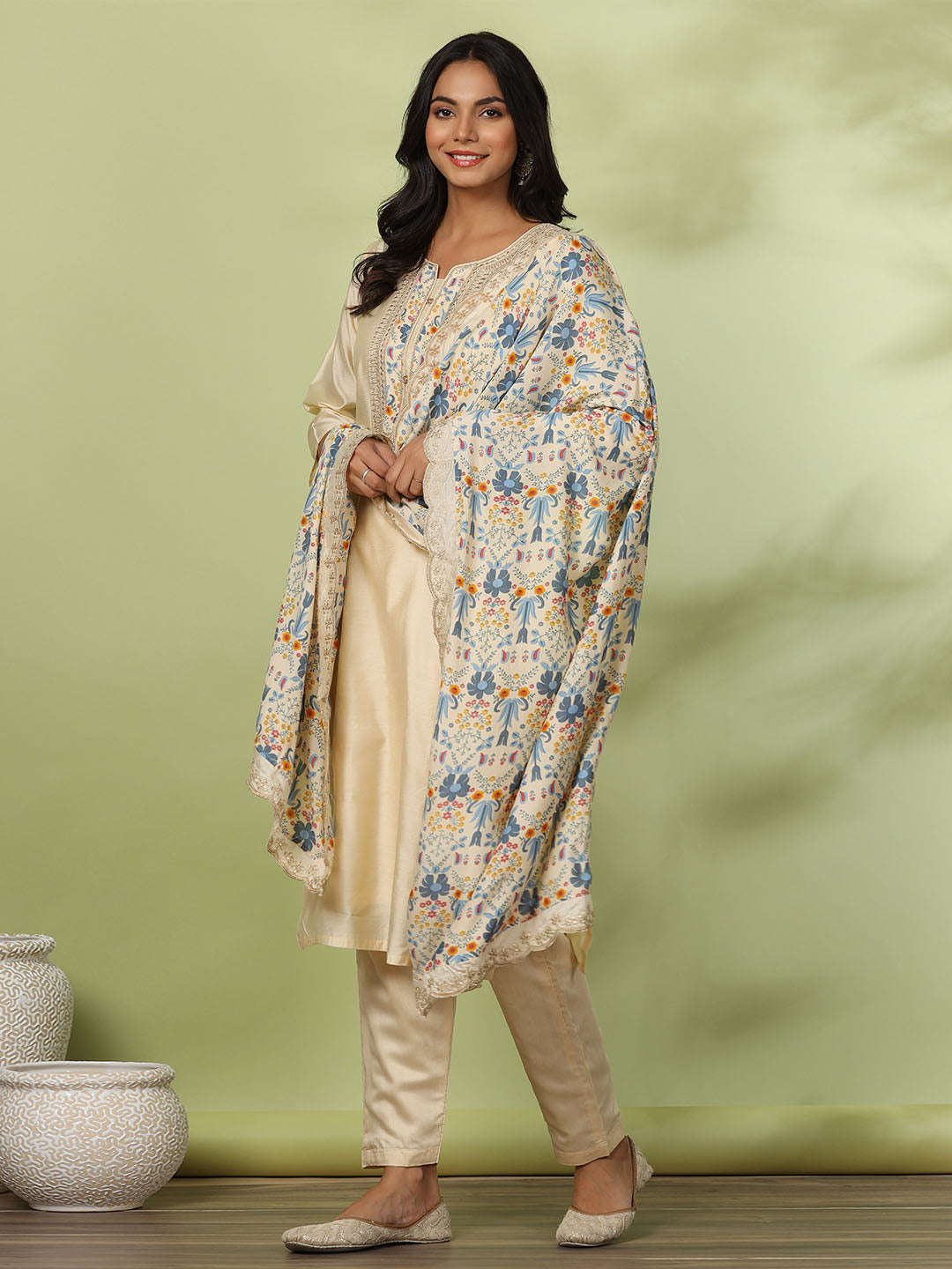 Neck Embroidered Chanderi Kurta With Pants &amp; Dupatta