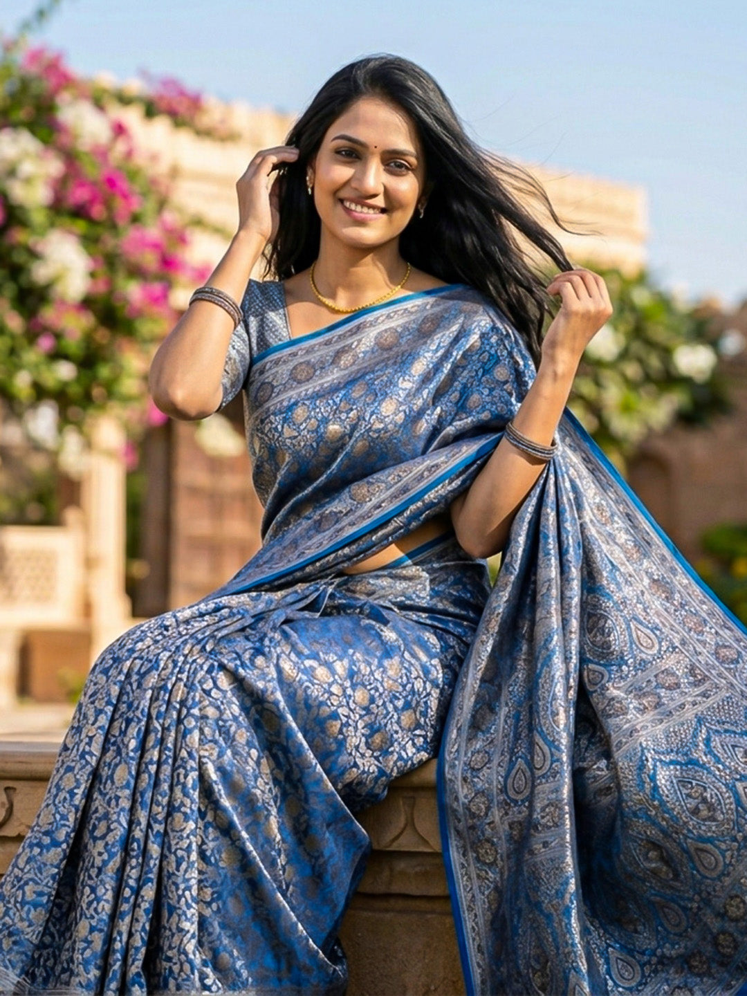 Peacock Blue Woven Design Satan Resham Banarasi Saree