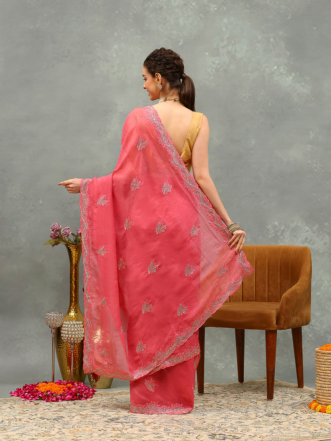 Thread Embroidered Chiffon Saree
