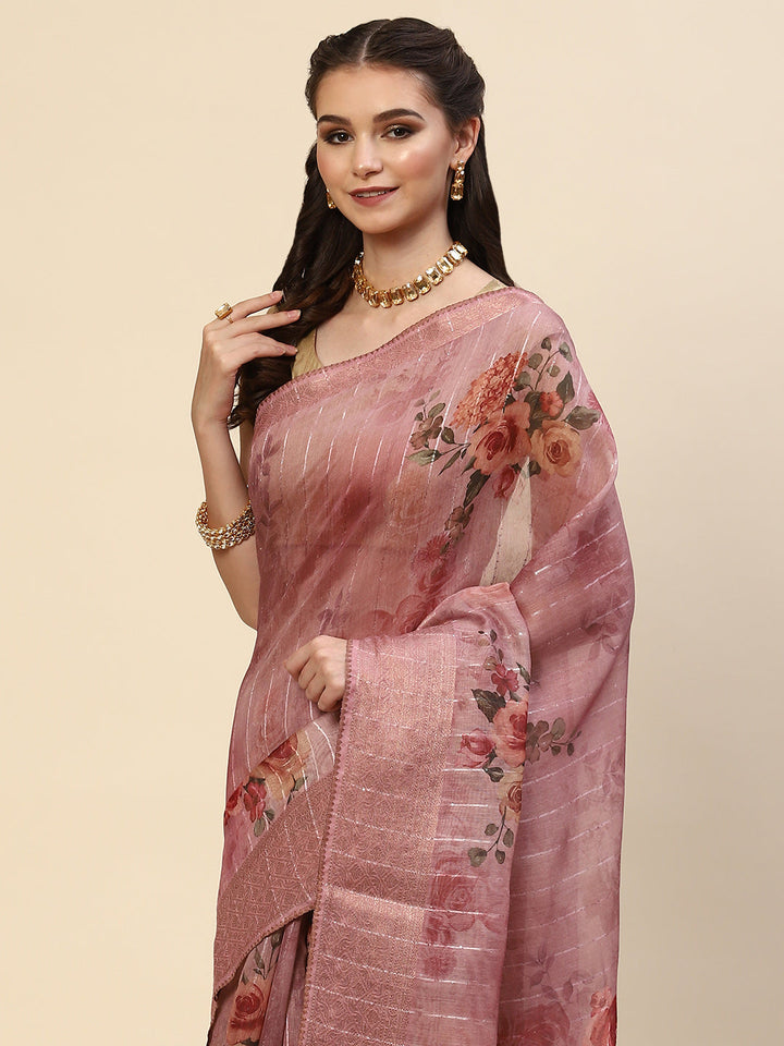 Digital Floral Printed Sequin Cotton Saree