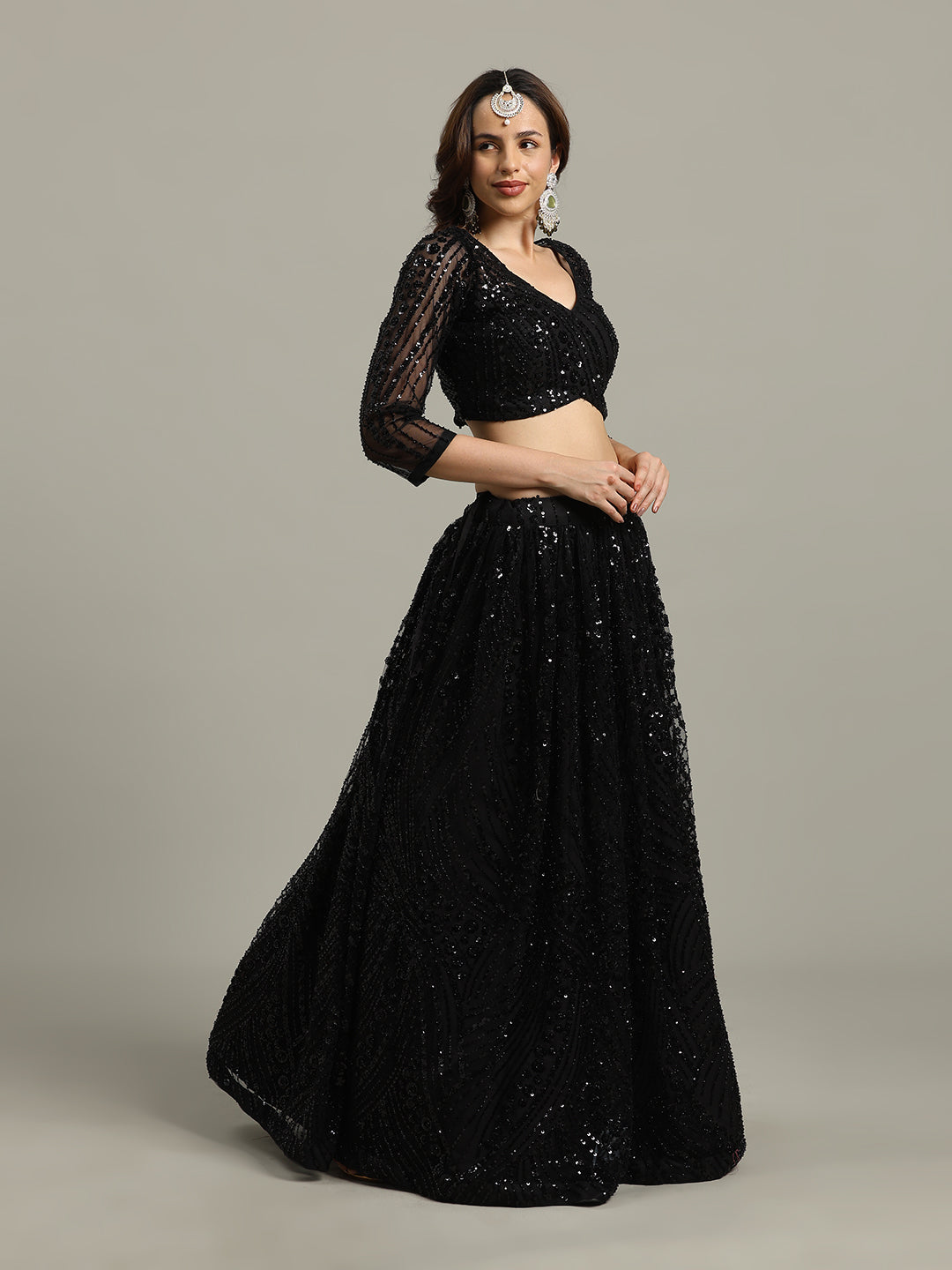 Sequin Embroidery Net Choli With Lehenga &amp; Dupatta