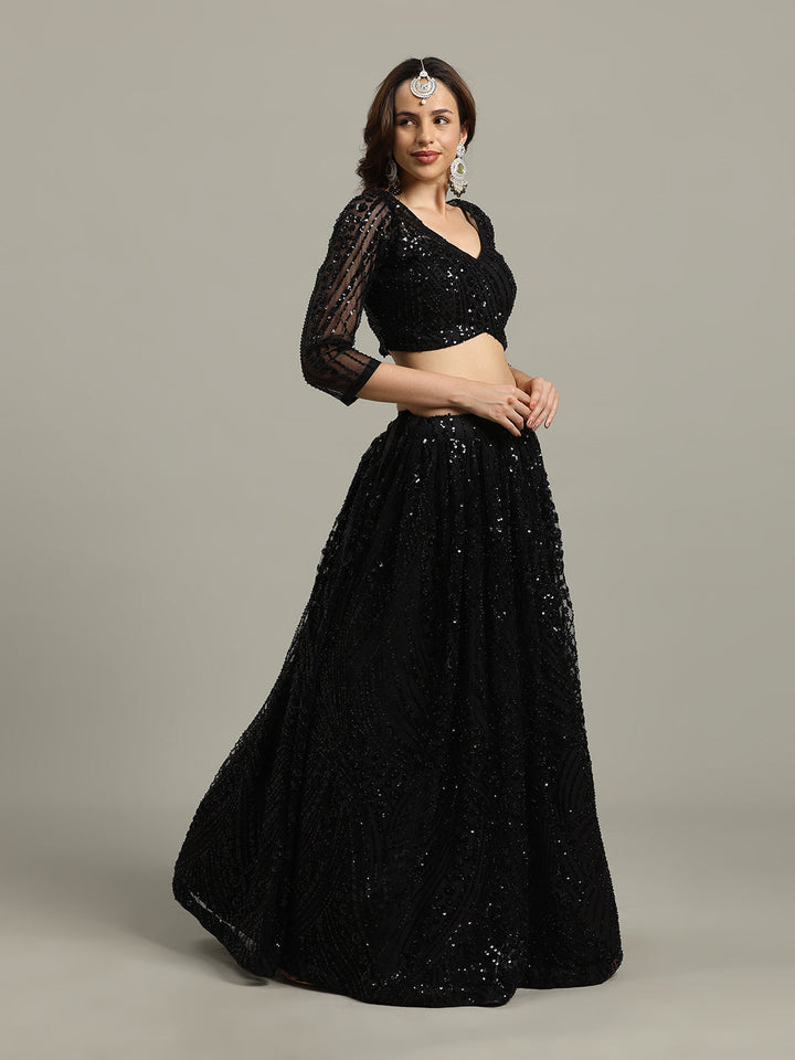 Sequin Embroidery Net Choli With Lehenga &amp; Dupatta