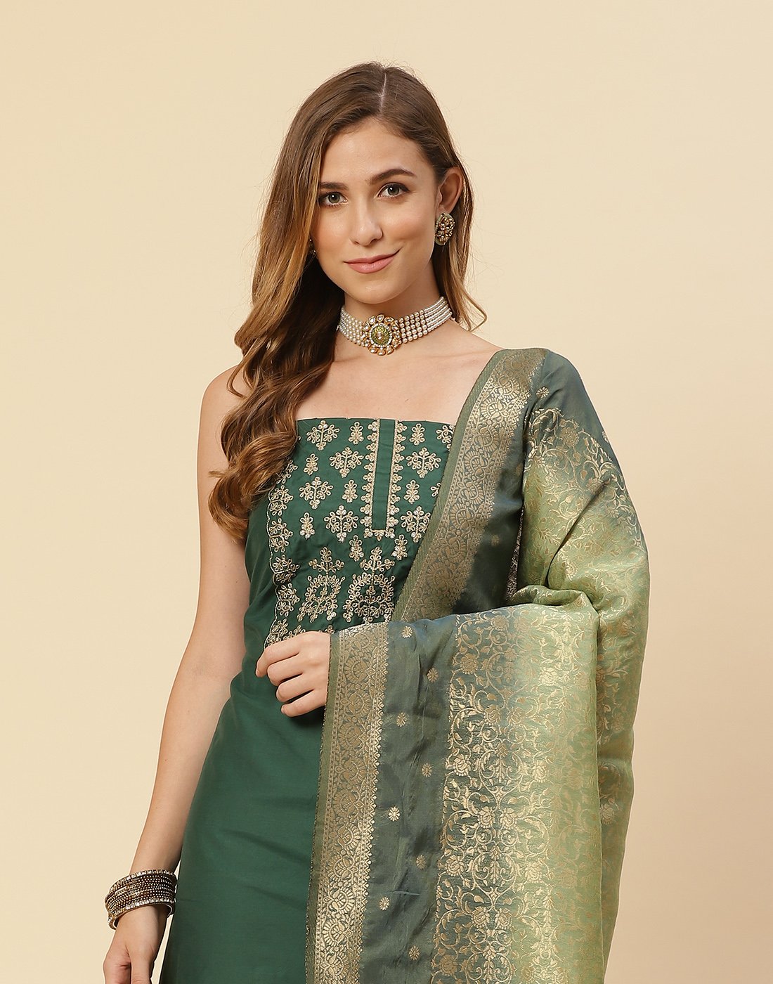 Embroidered AChanderi Suit Piece With Chanderi Banarasi Dupatta