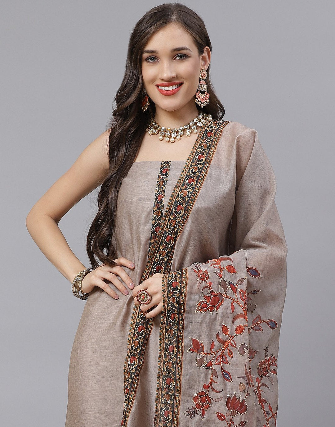 Chanderi Embroidered Suit Piece with fancy dupatta