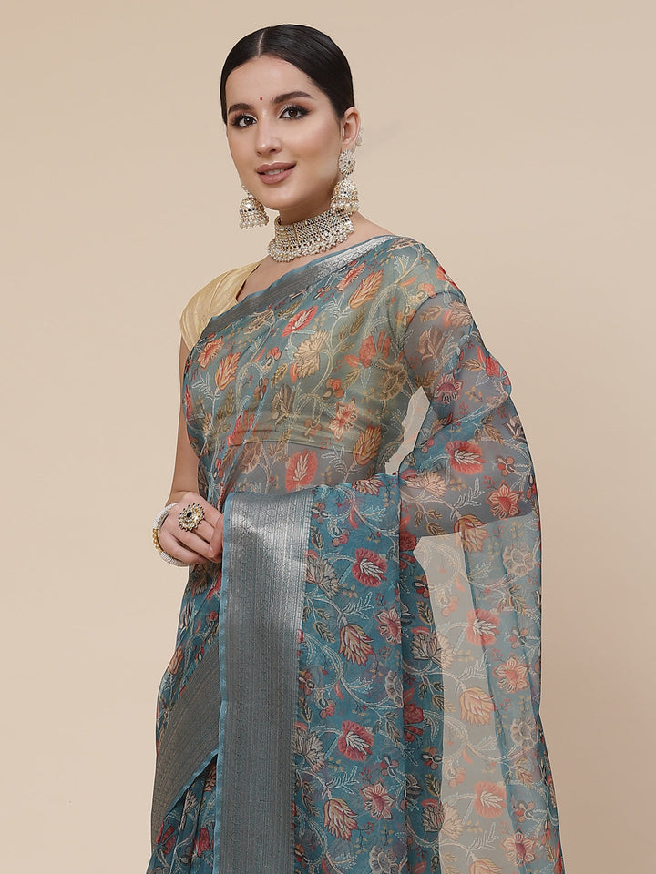 Floral Digital Printed Zari Border Organza Saree
