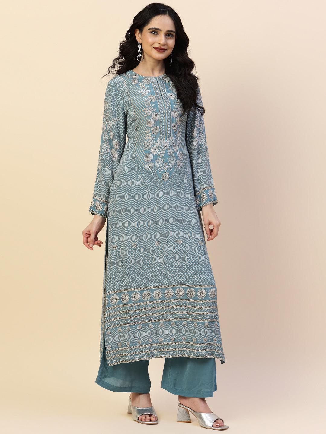 Digital Printed Crepe Kurta With Palazzo &amp; Dupatta