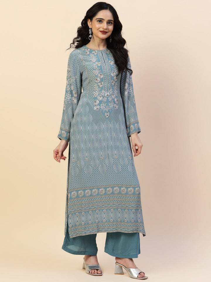 Digital Printed Crepe Kurta With Palazzo &amp; Dupatta